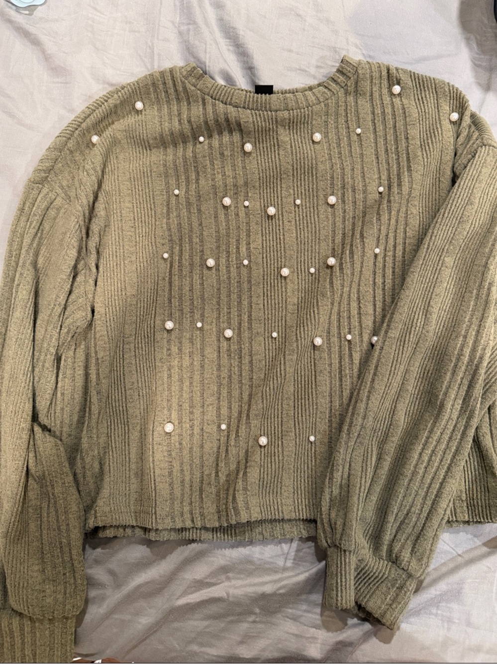 SHEIN Olive Green Ribbed Sweater with Pearl Embellishments